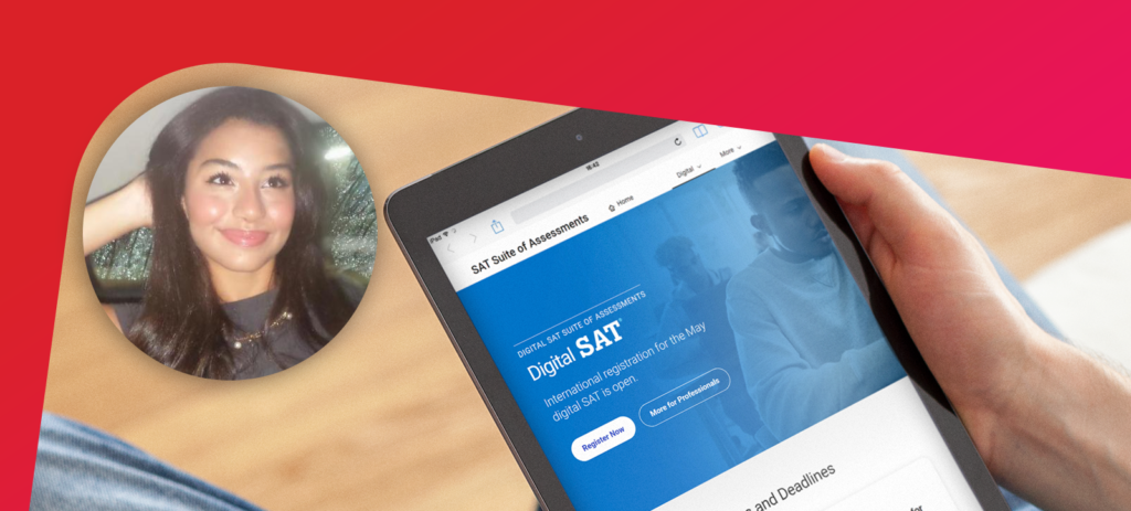 jovem fazendo prova online, conceito de estudar no exterior, SAT digital.
